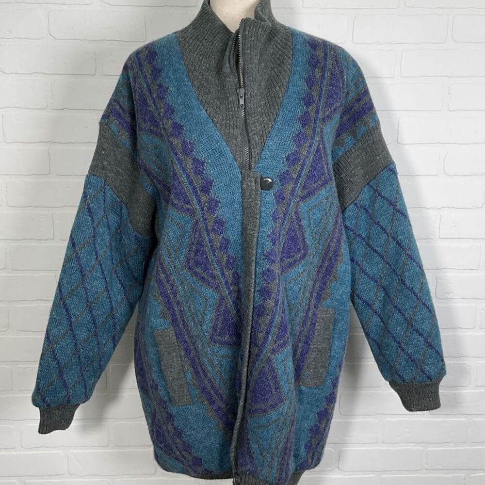 Mulberry Street Cardigan Women M Blue Gray‎ Geometric Diamond Zip Lined Coatigan